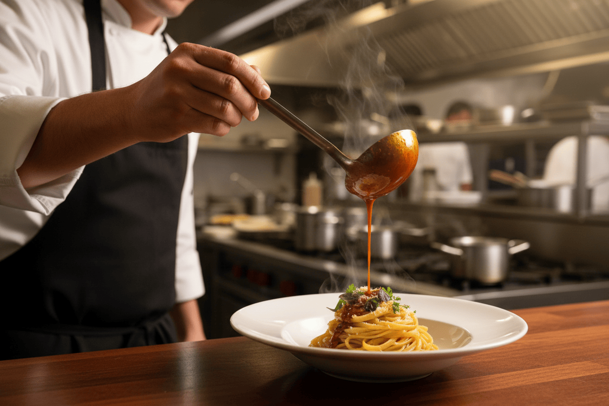 chef pouring sauce over linguine dish