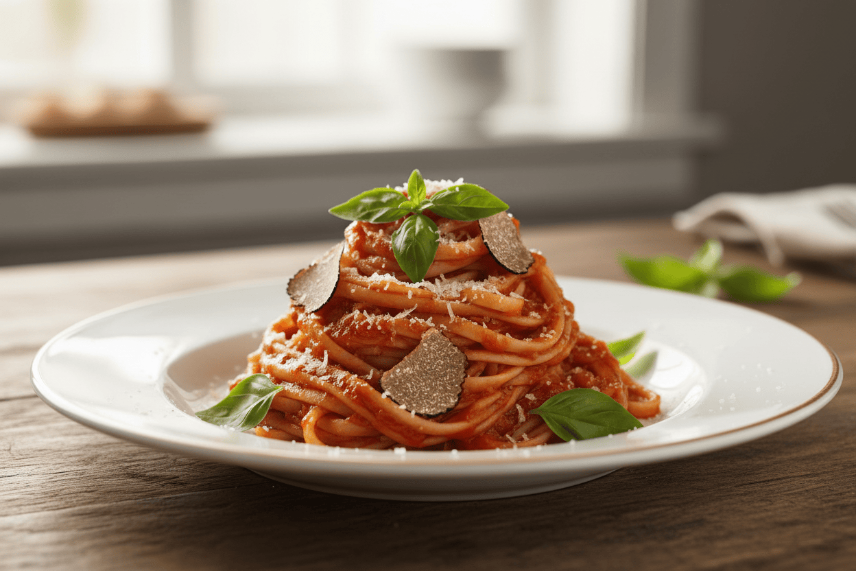 dish of linguine with truffle tomato sauce