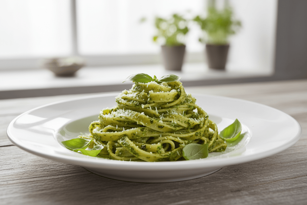 fettucce dish of pasta with green pesto sauce