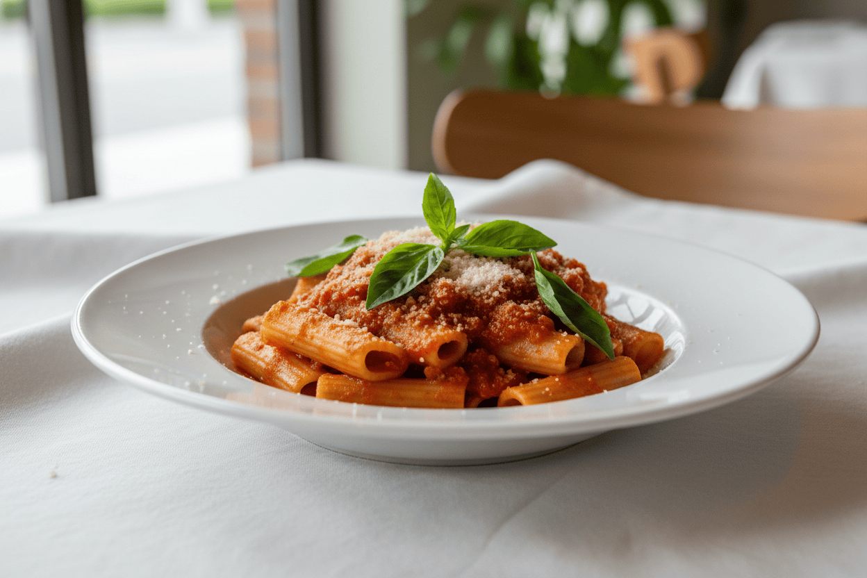 image of rigatoni pasta and marinara sauce on a dish on a white tablecloth restaurant table