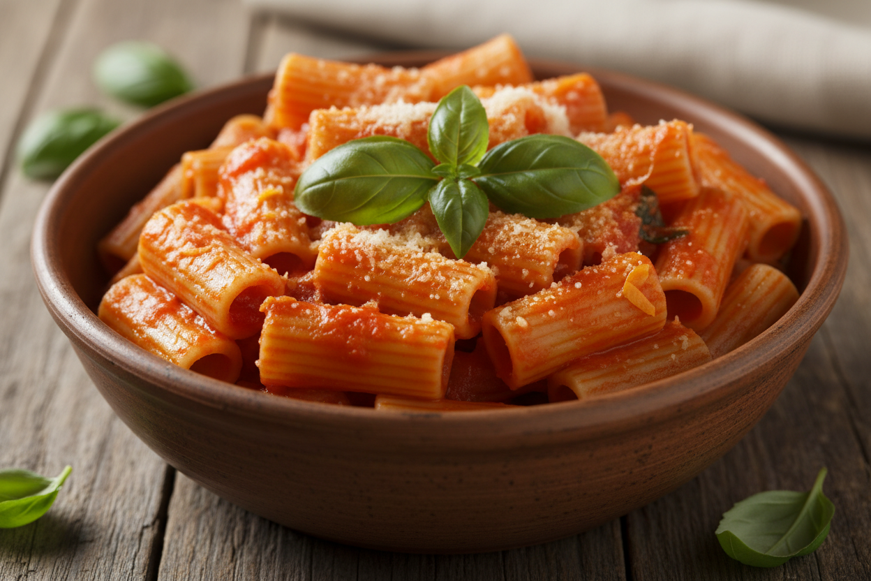 mezzi canneroni in a bowl with sauce