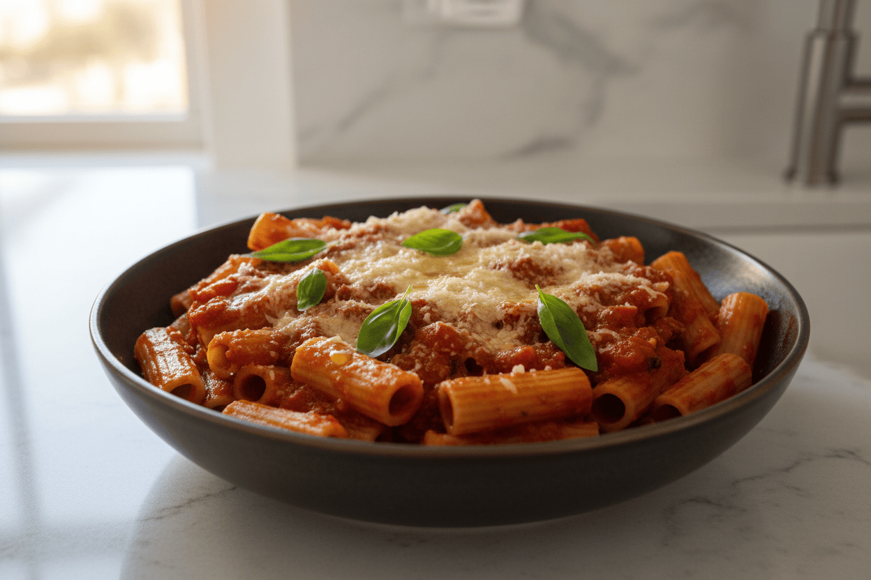 mezzi rigatoni sauce dish on a kitchen countertop